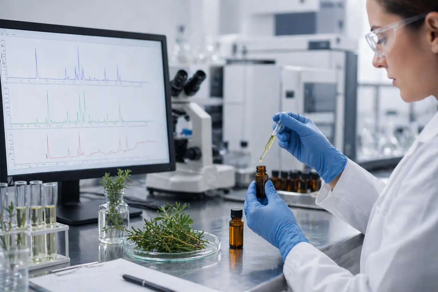 Analytical testing screen displaying essential oil sample data