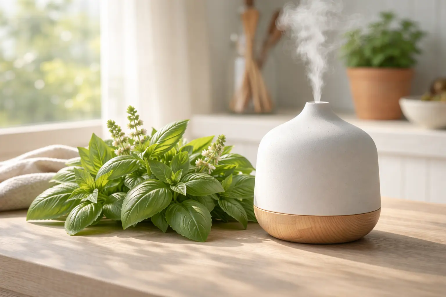 Basil leaves with citrus peel and a white ceramic diffuser on a bright table