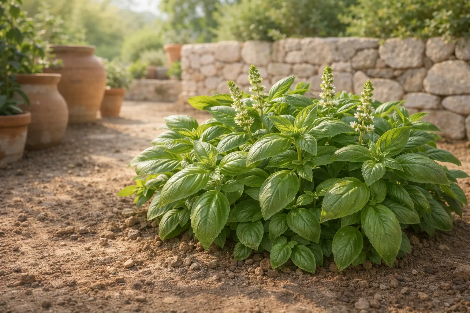 Fresh basil plant with green leaves and small white flower spikes in a garden
