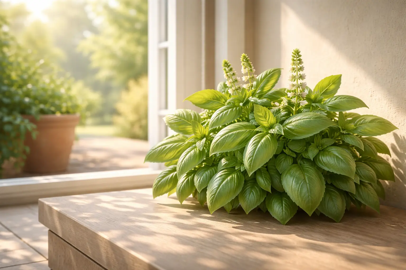 Fresh basil leaves in a small bowl with soft morning light and a calm green background