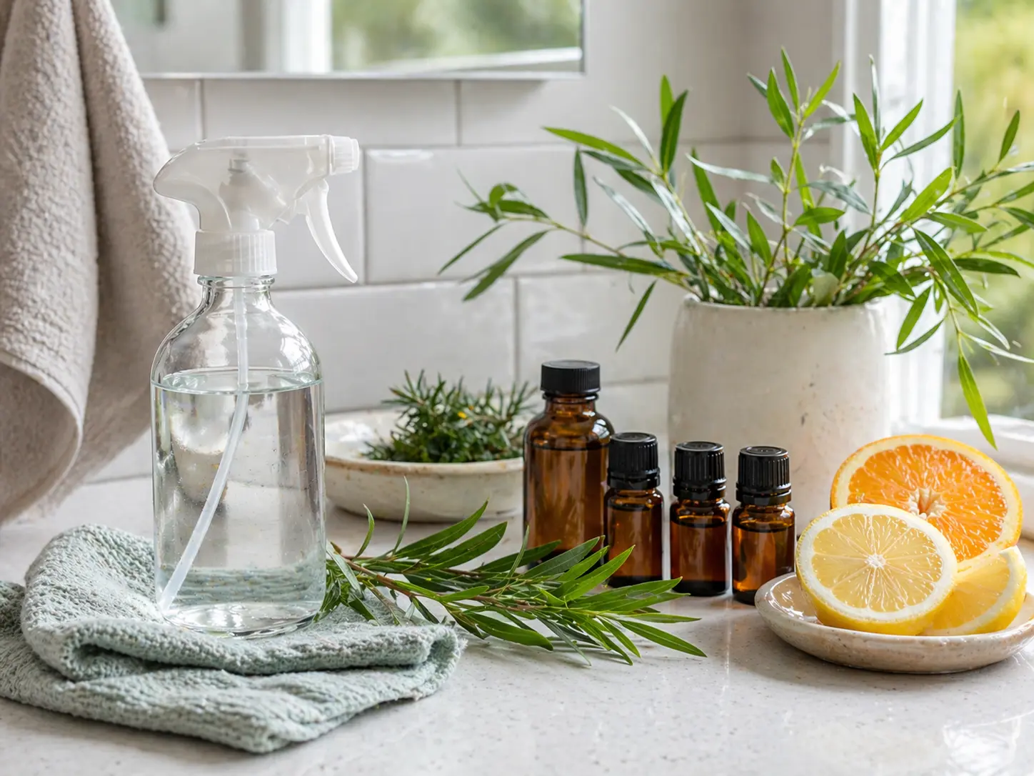 Simple bathroom cleaning scene with restrained essential oil use