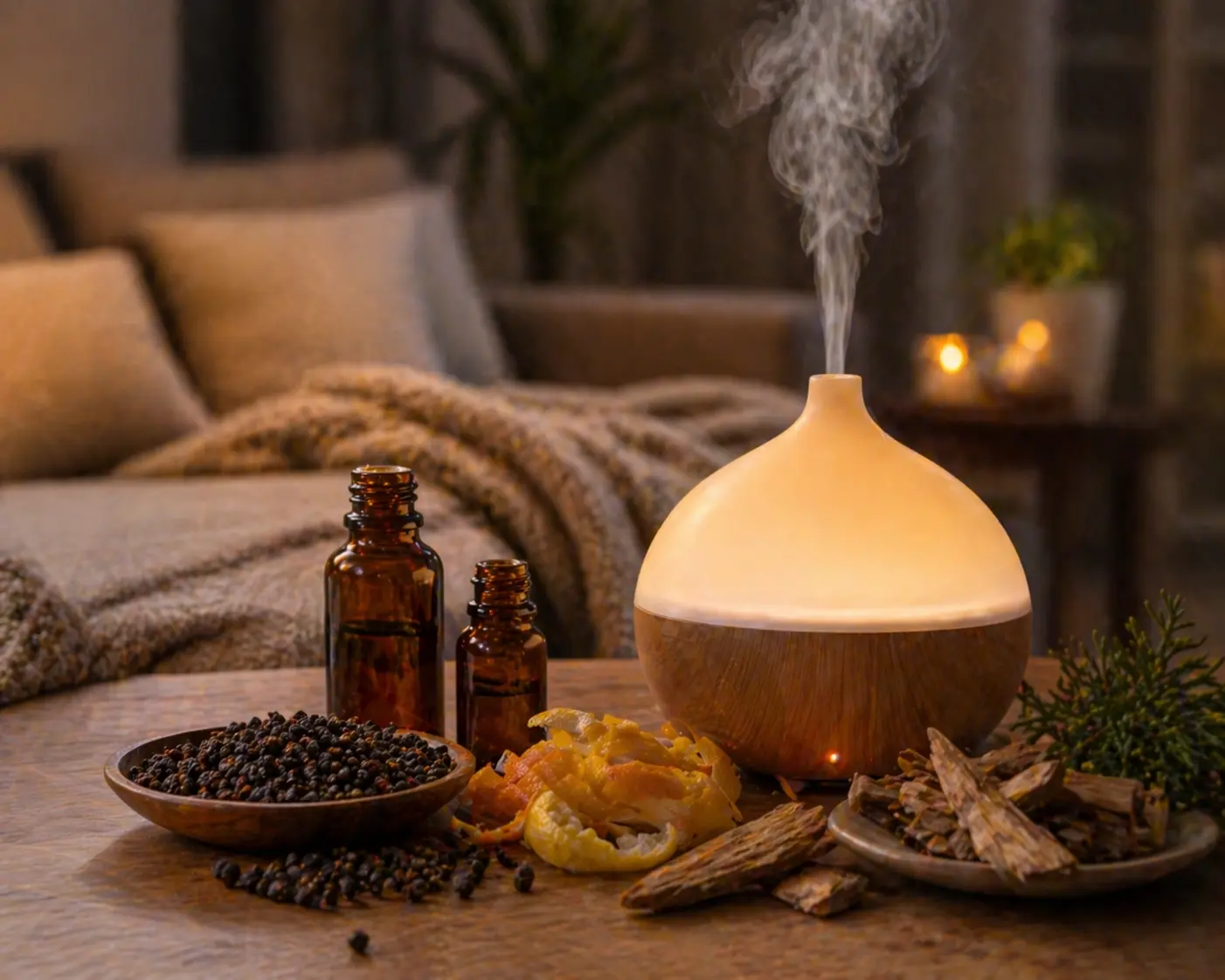 Black peppercorns with orange peel, cardamom pods, cedarwood, and a white ceramic diffuser