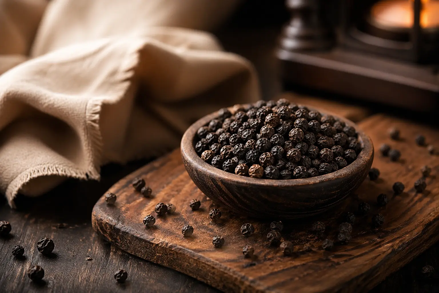 Black peppercorns in warm light beside a small bowl and natural woven cloth