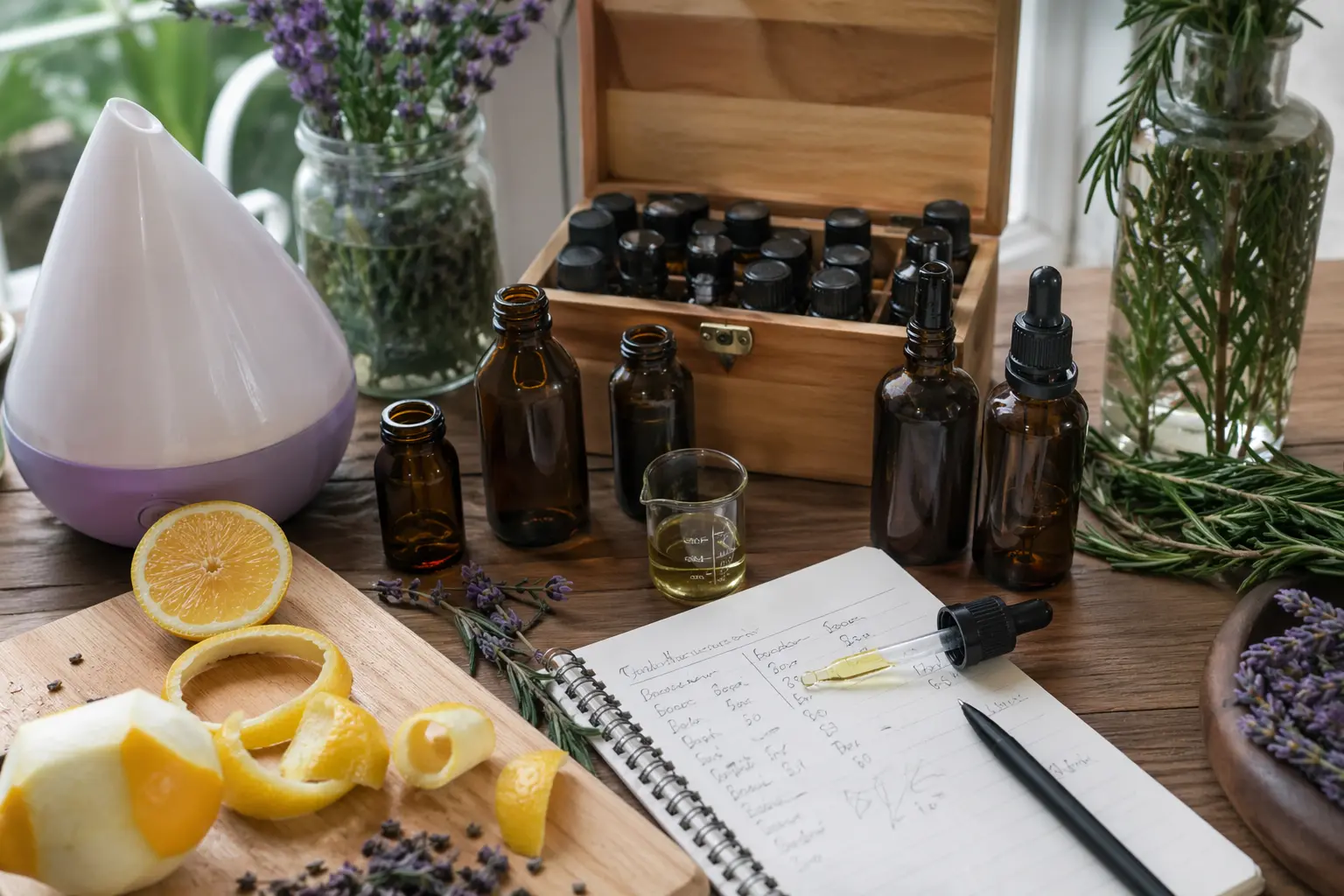 Bottles and handwritten notes arranged while building a diffuser blend