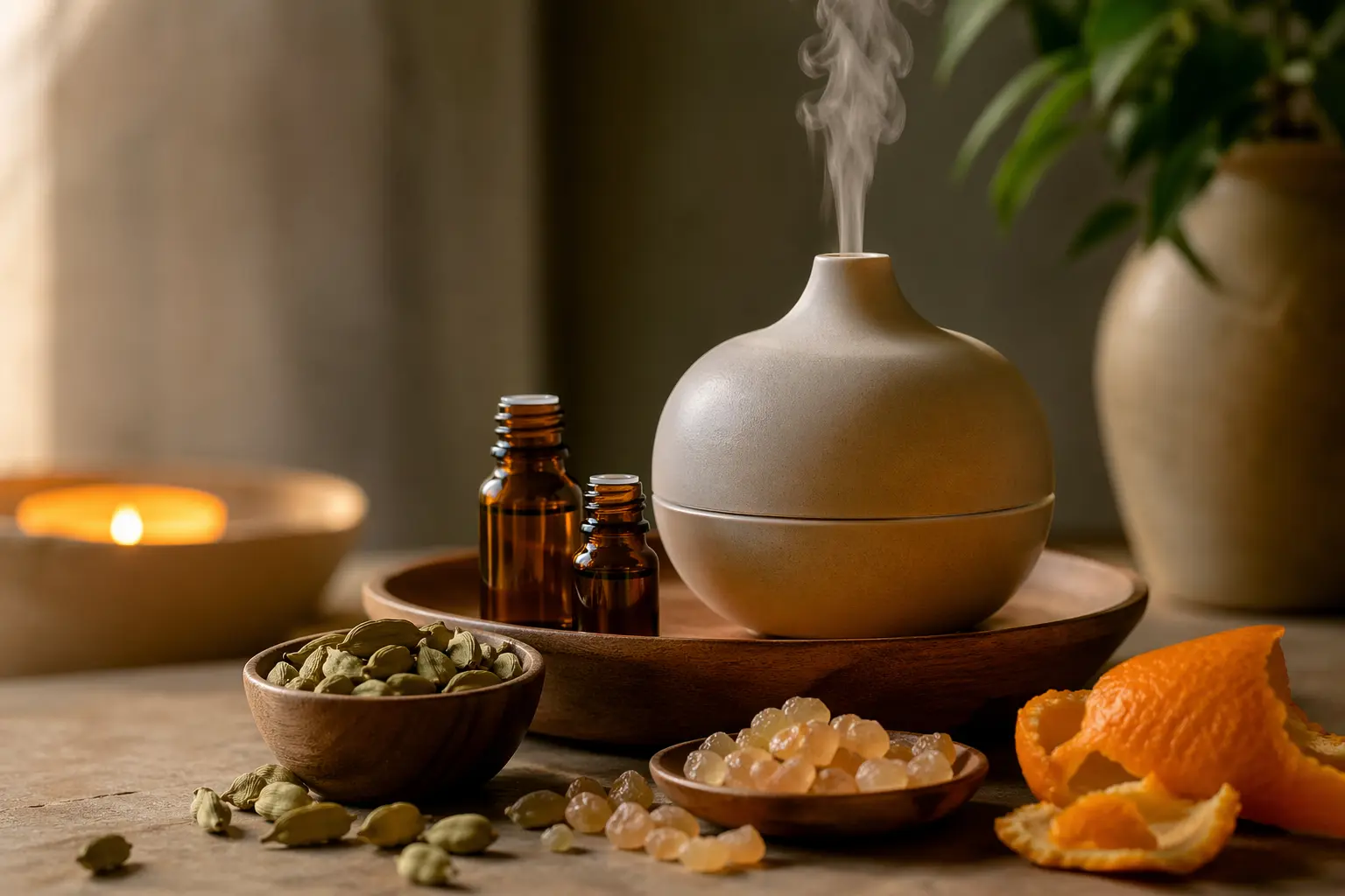 Green cardamom pods with orange peel, ginger root, and a white ceramic diffuser