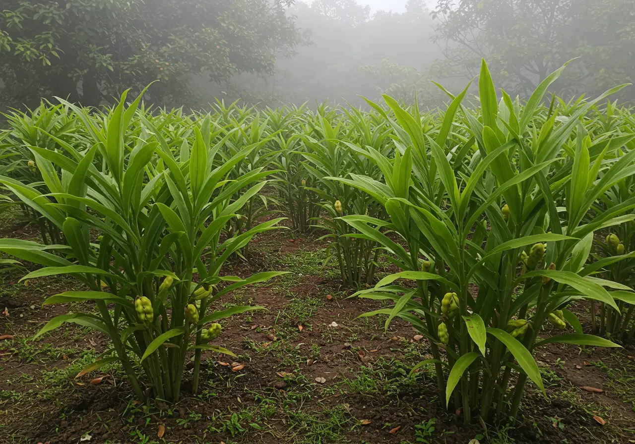 Green cardamom pods, seeds, and Elettaria cardamomum leaves in a tropical botanical setting