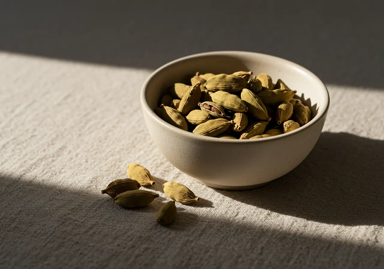Green cardamom pods in warm morning light with a calm natural background