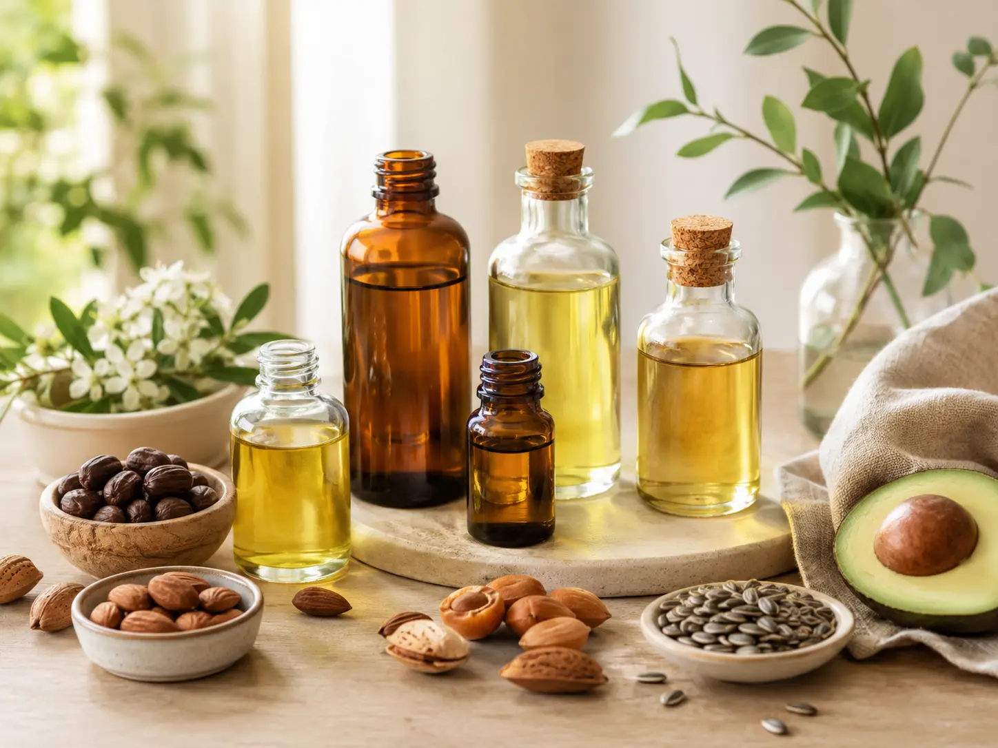 Carrier oils in glass bottles with botanical base oil ingredients on a calm tabletop