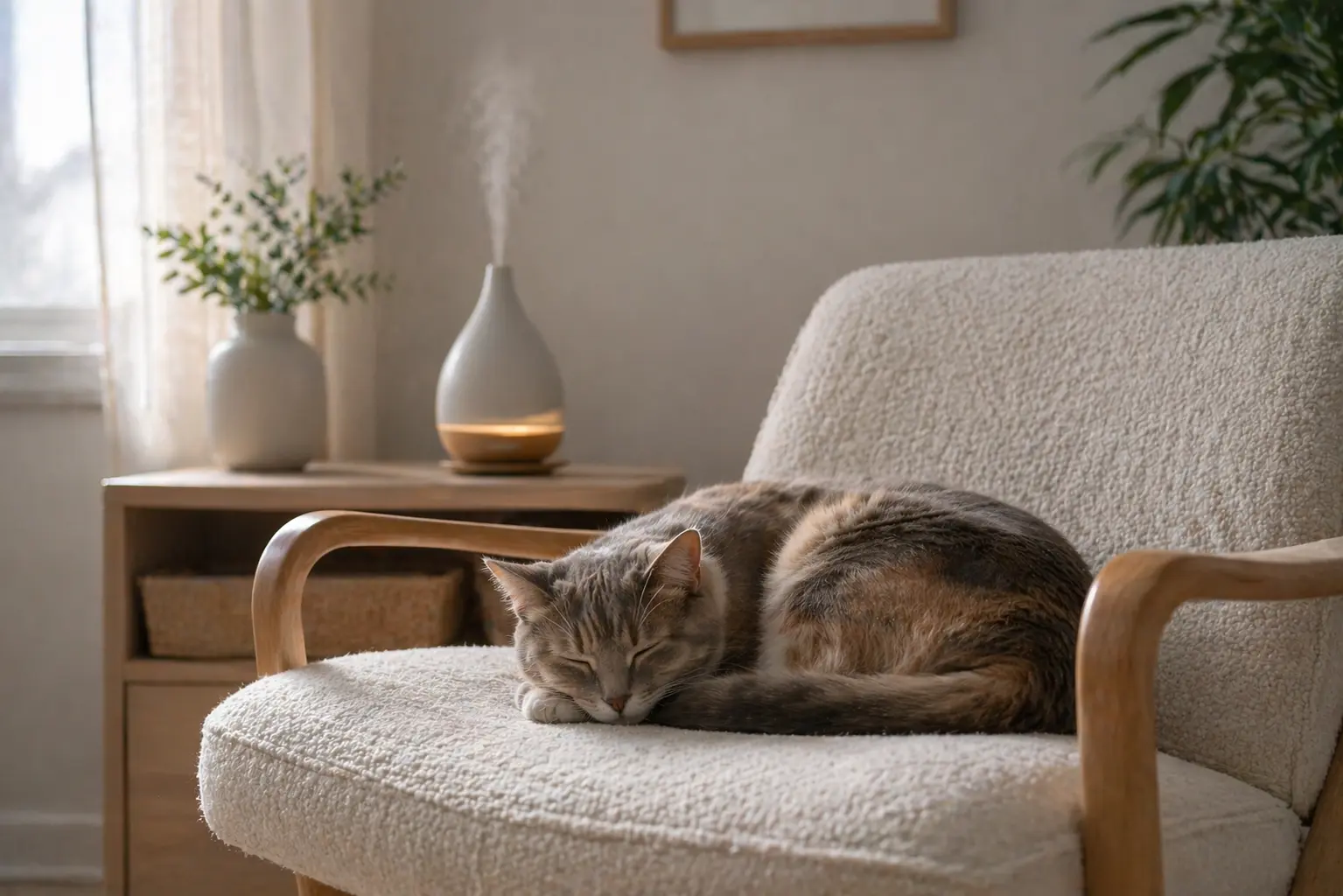 Cat resting across the room from a diffuser