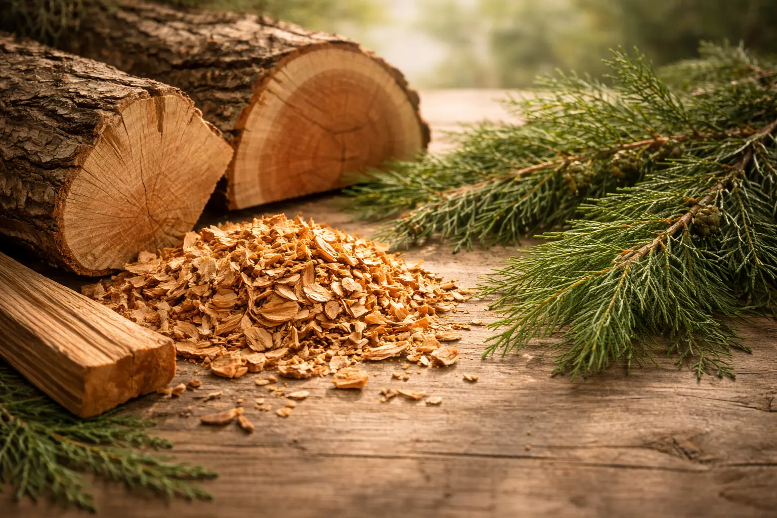 Cedarwood branches and needles in soft natural light representing calm structure and grounding room mood