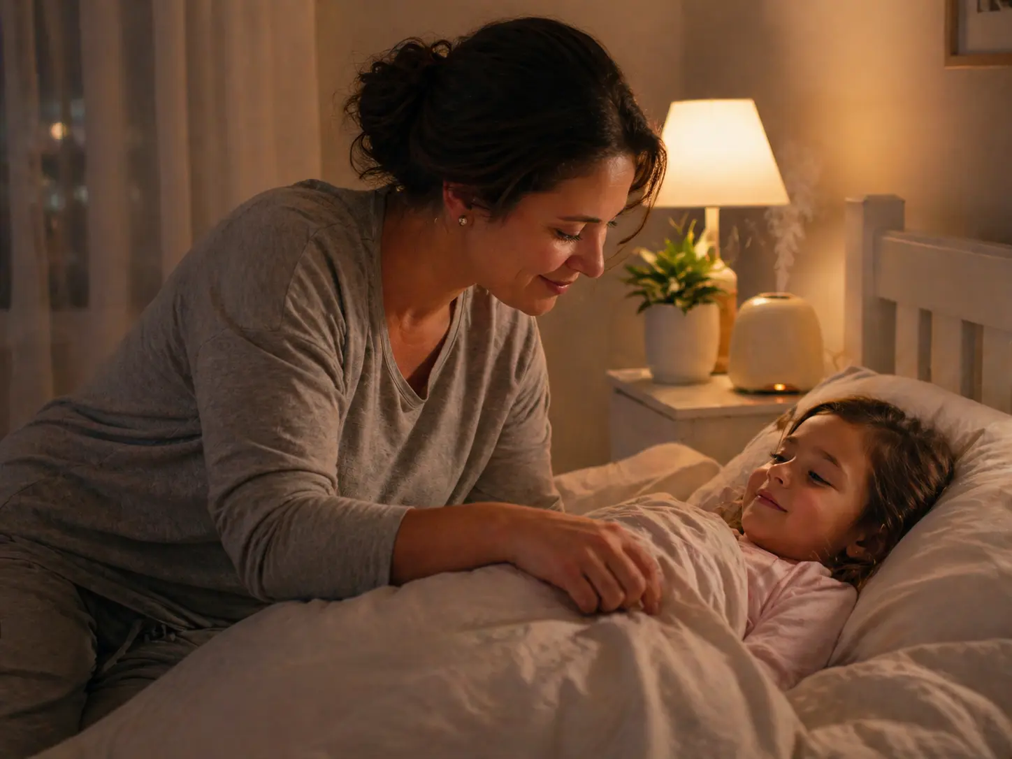 Parent adjusting a child's blanket in a softly lit bedroom with a subtle aroma setup nearby