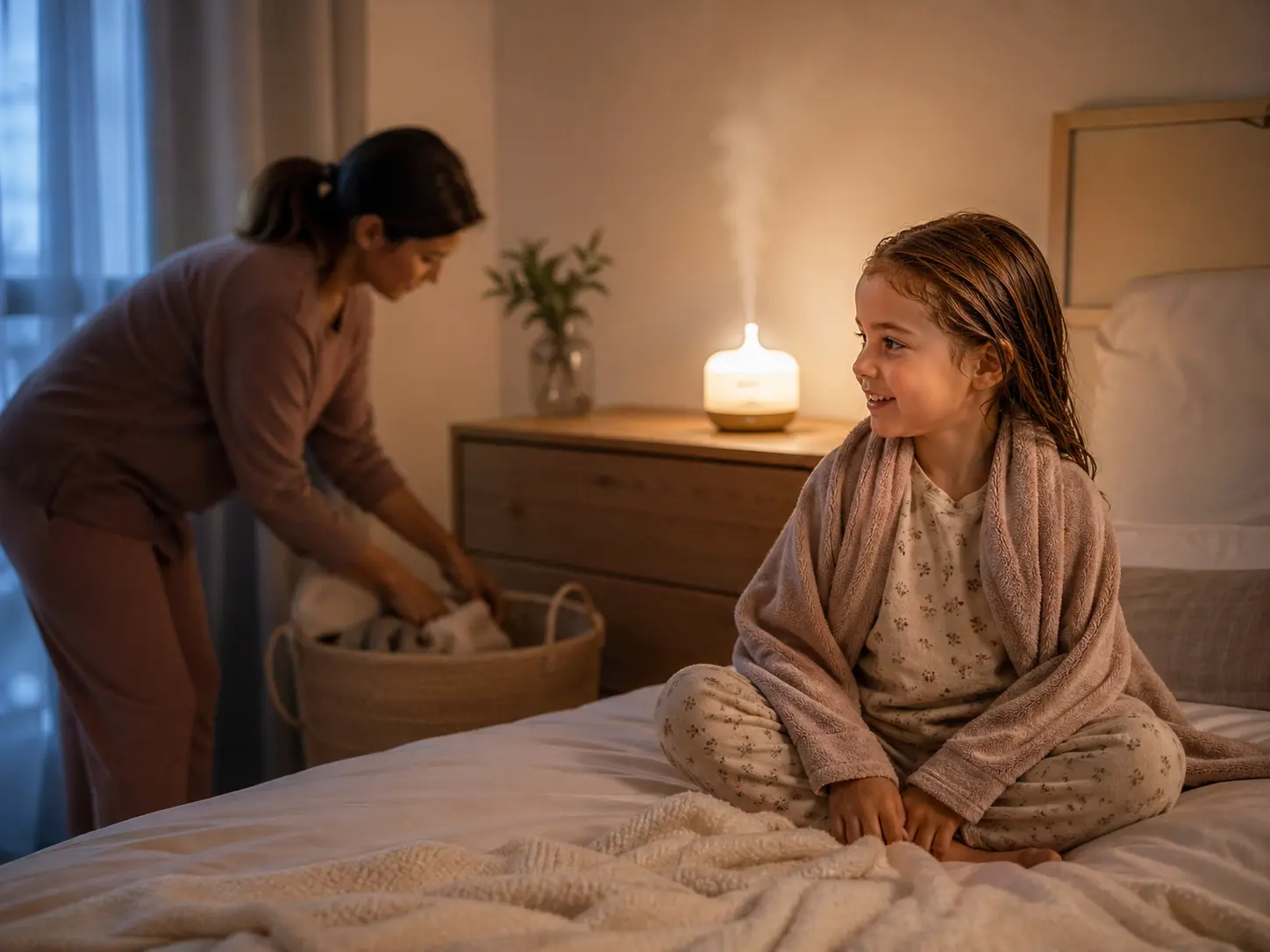 Child in pajamas after bath time in a softly lit bedroom with a subtle aroma setup nearby