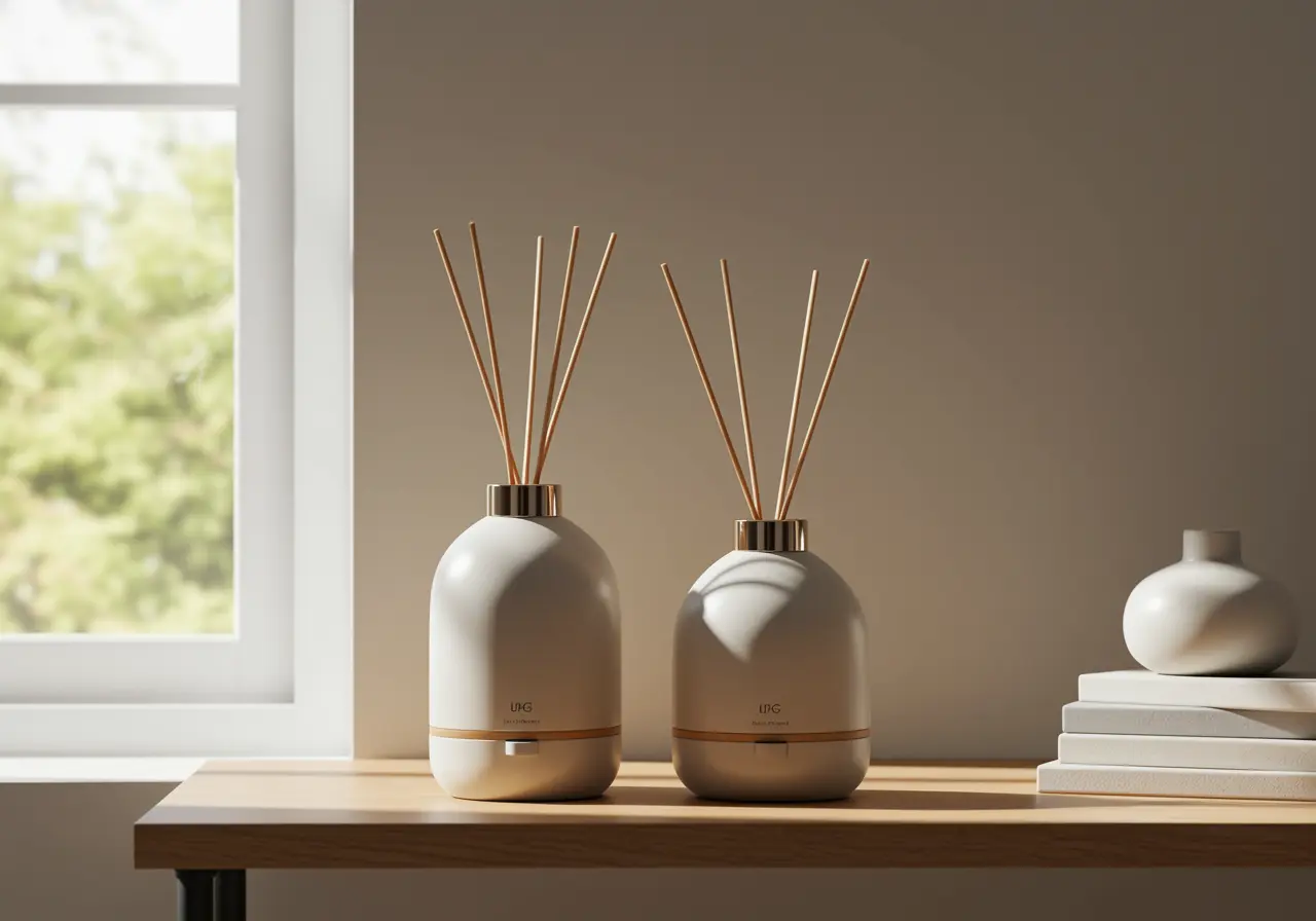 Home diffuser selection scene with different diffuser sizes by a sunlit shelf