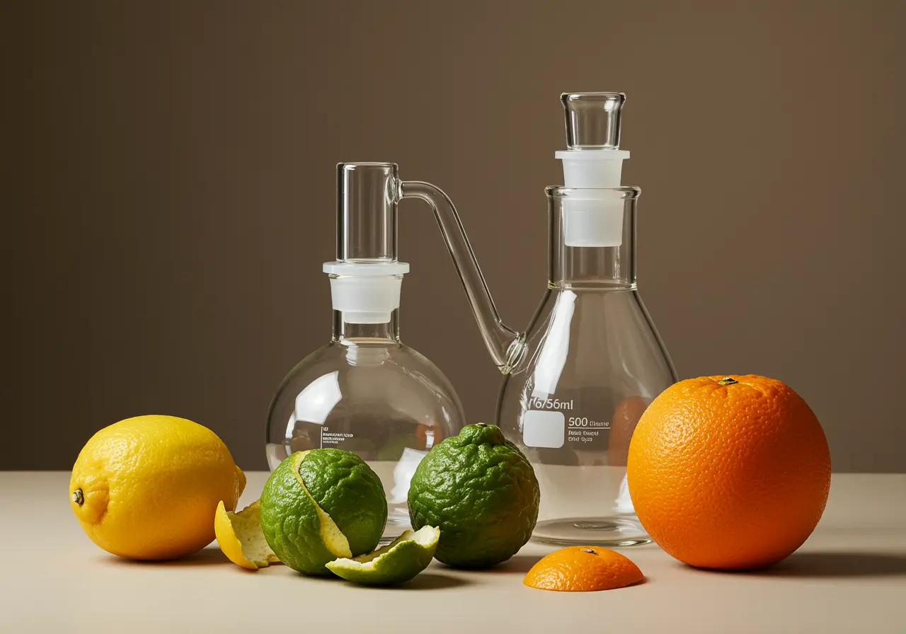 Citrus peels and distillation glassware arranged for an editorial comparison of extraction methods
