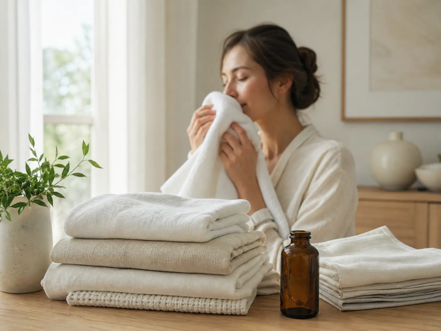 Editorial clean-linen scent scene with folded towels and subtle airy home fragrance cues