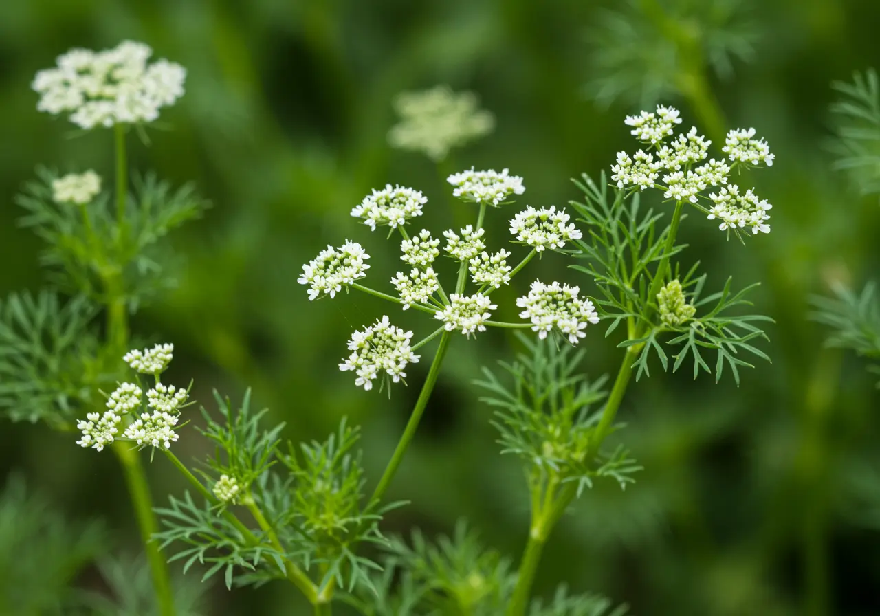 Coriander plant with white flowers, fresh leaves, and round coriander seeds