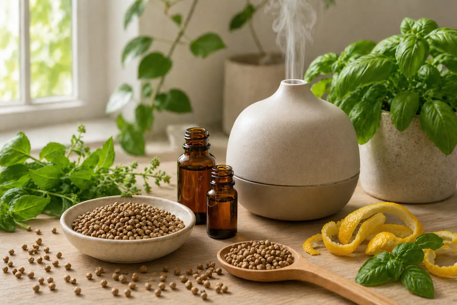 Coriander seeds with bergamot peel, cardamom pods, lavender, and a white ceramic diffuser