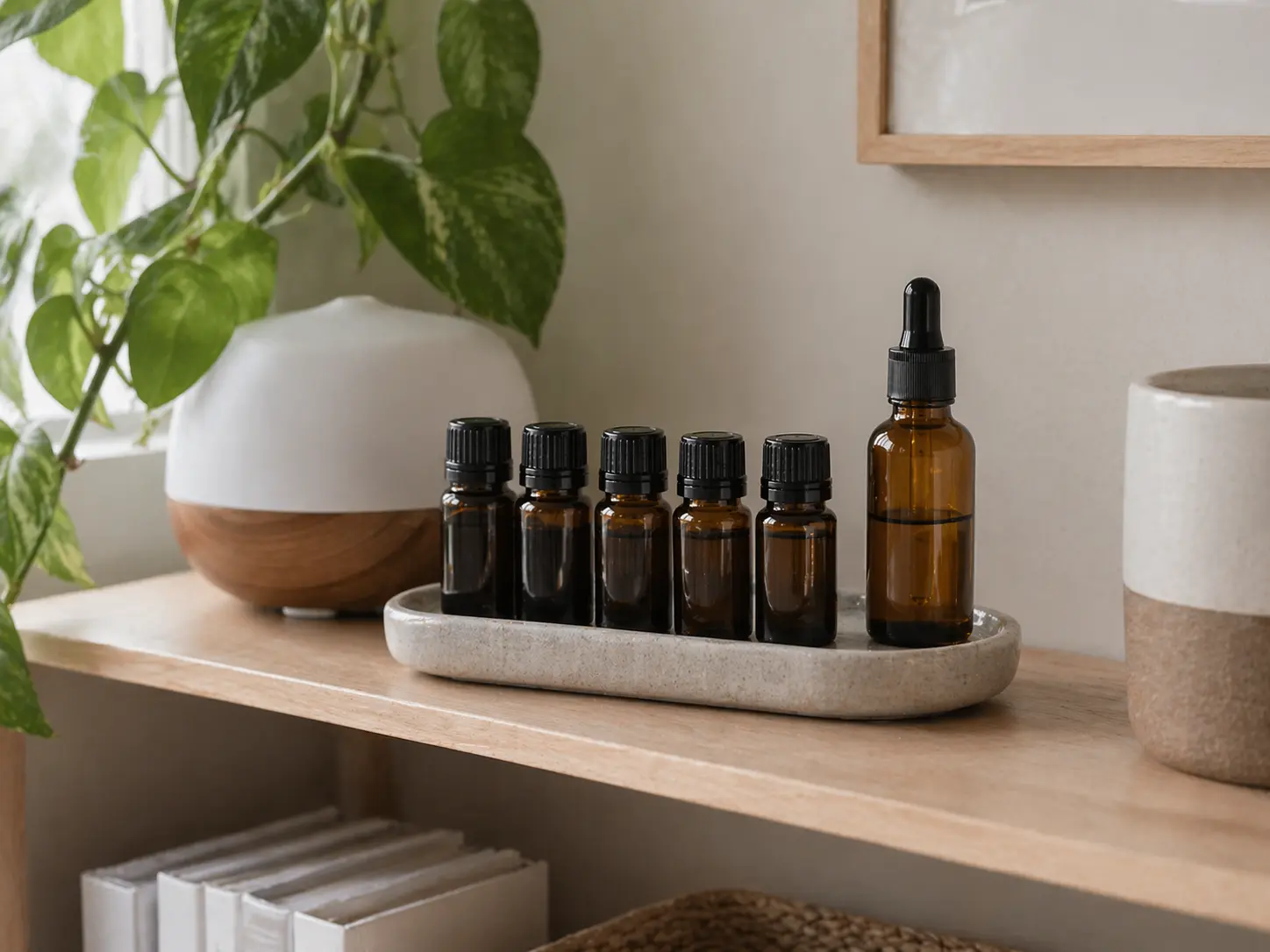 Curated essential oil starter set on a tidy home shelf