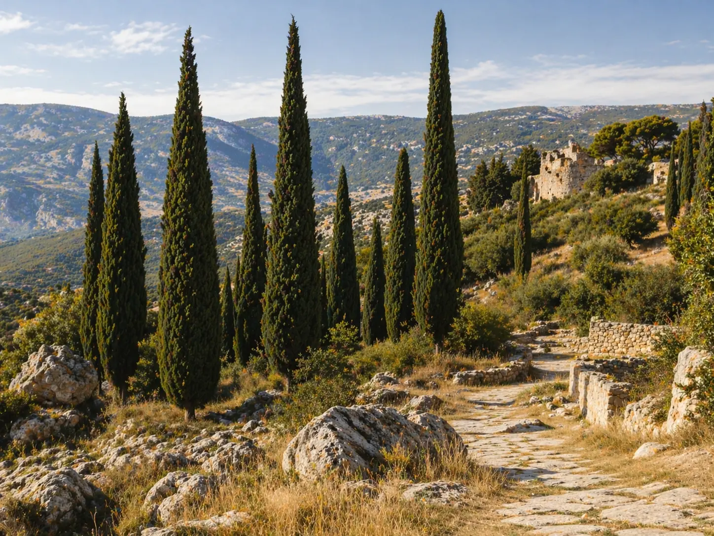 Tall Mediterranean cypress trees with evergreen foliage in warm sunlight