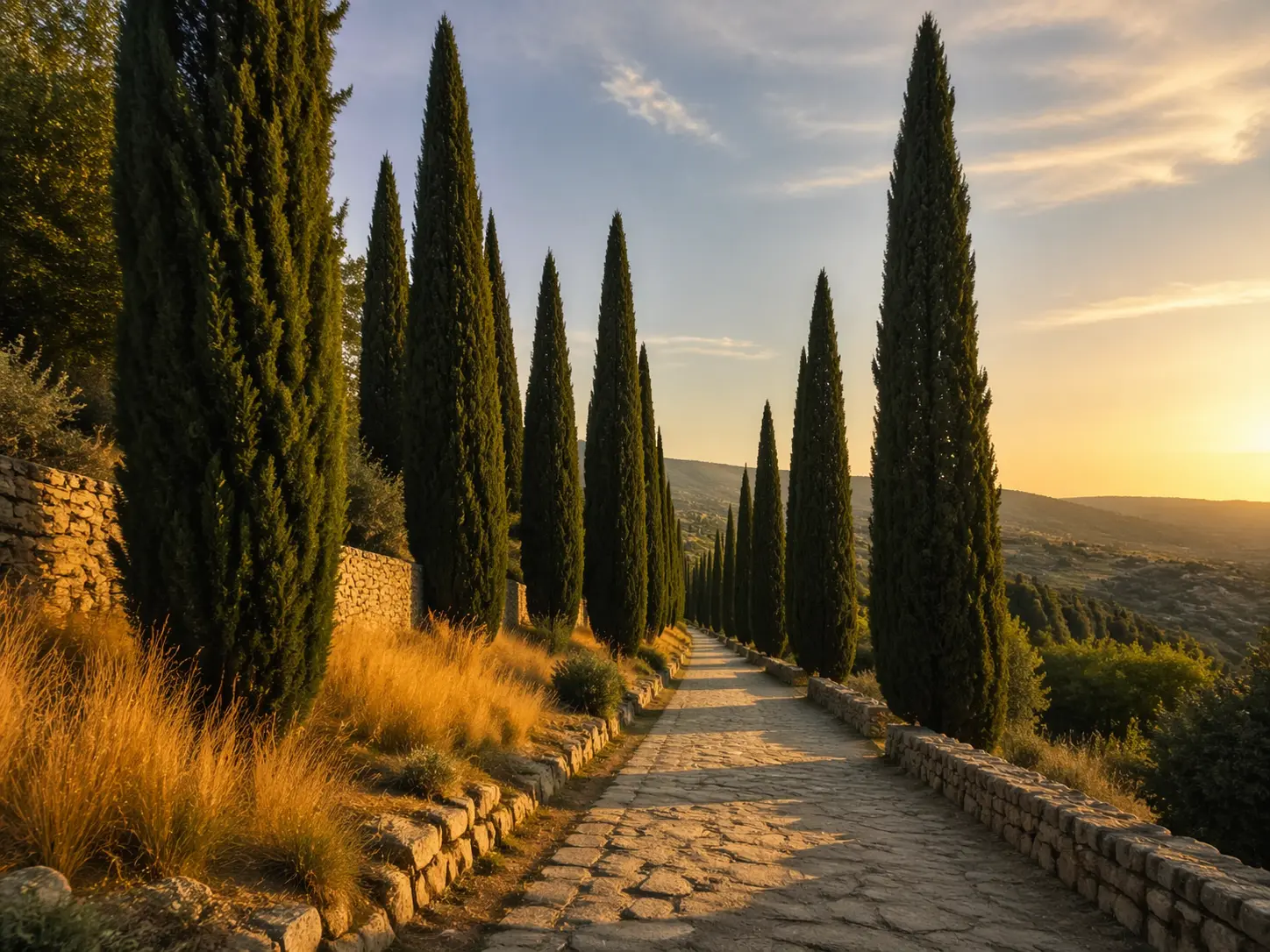 Tall cypress trees in soft evening light with a quiet Mediterranean landscape
