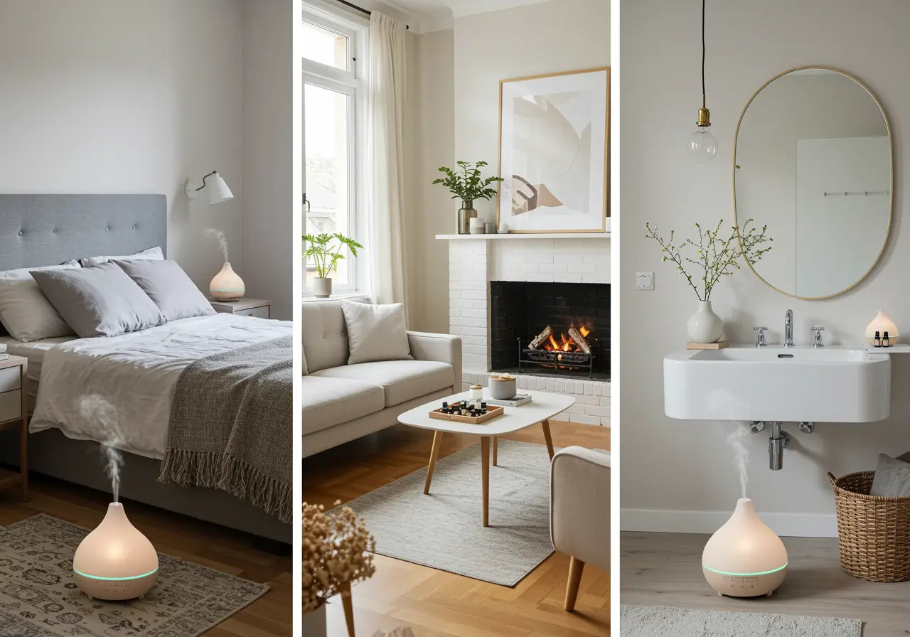 Editorial comparison of diffuser setups in a bedroom, living room, and bathroom