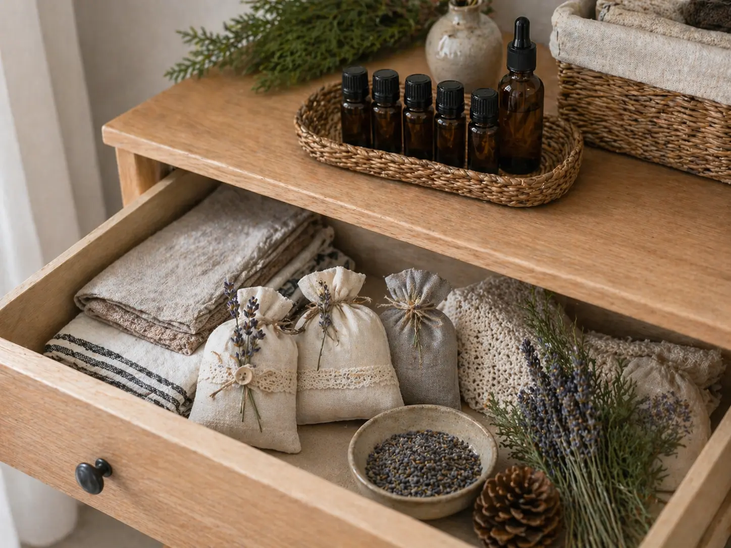 Open drawer with folded linen and handmade scent sachets