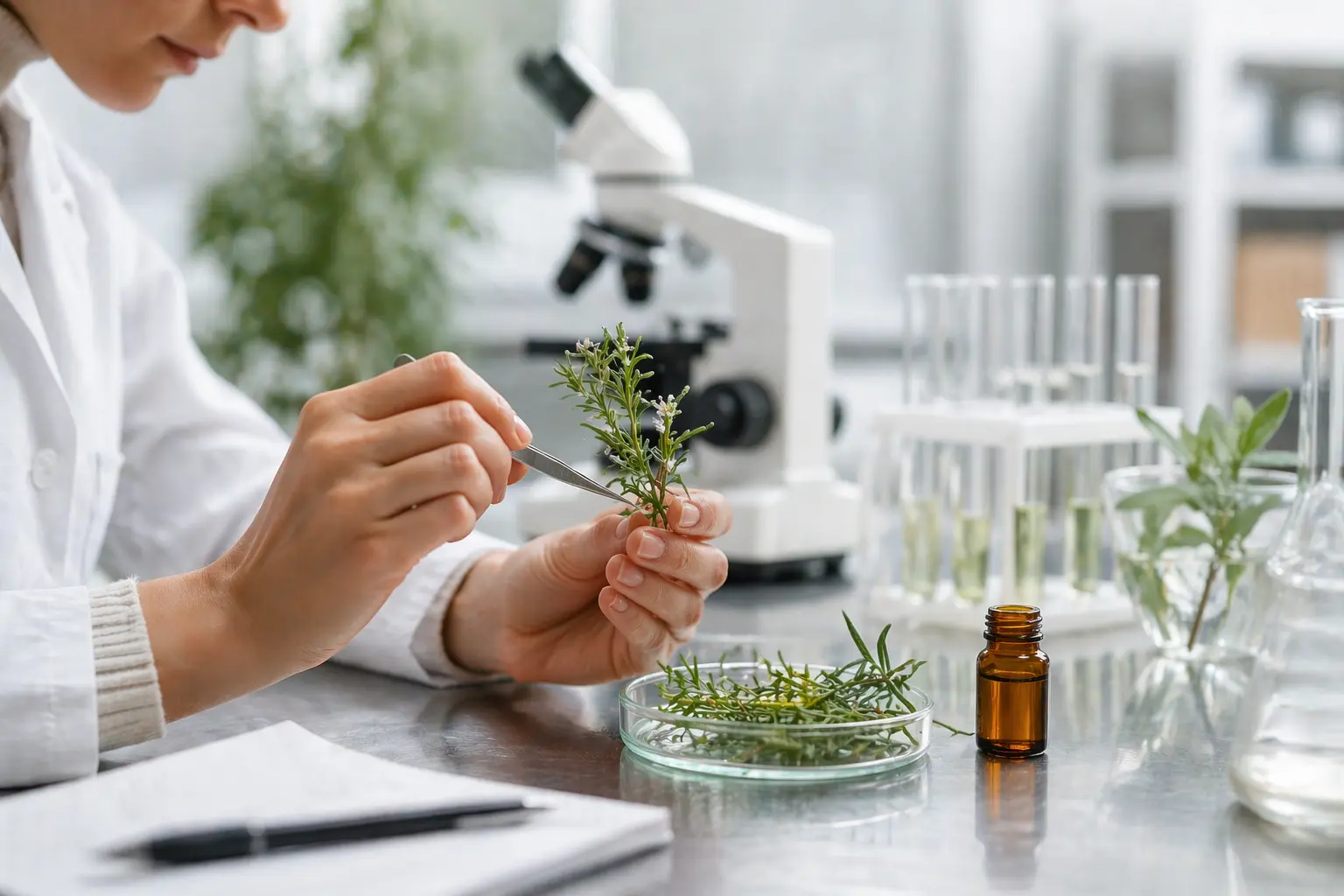 Essential oil sample and botanical material prepared in a quality-testing environment
