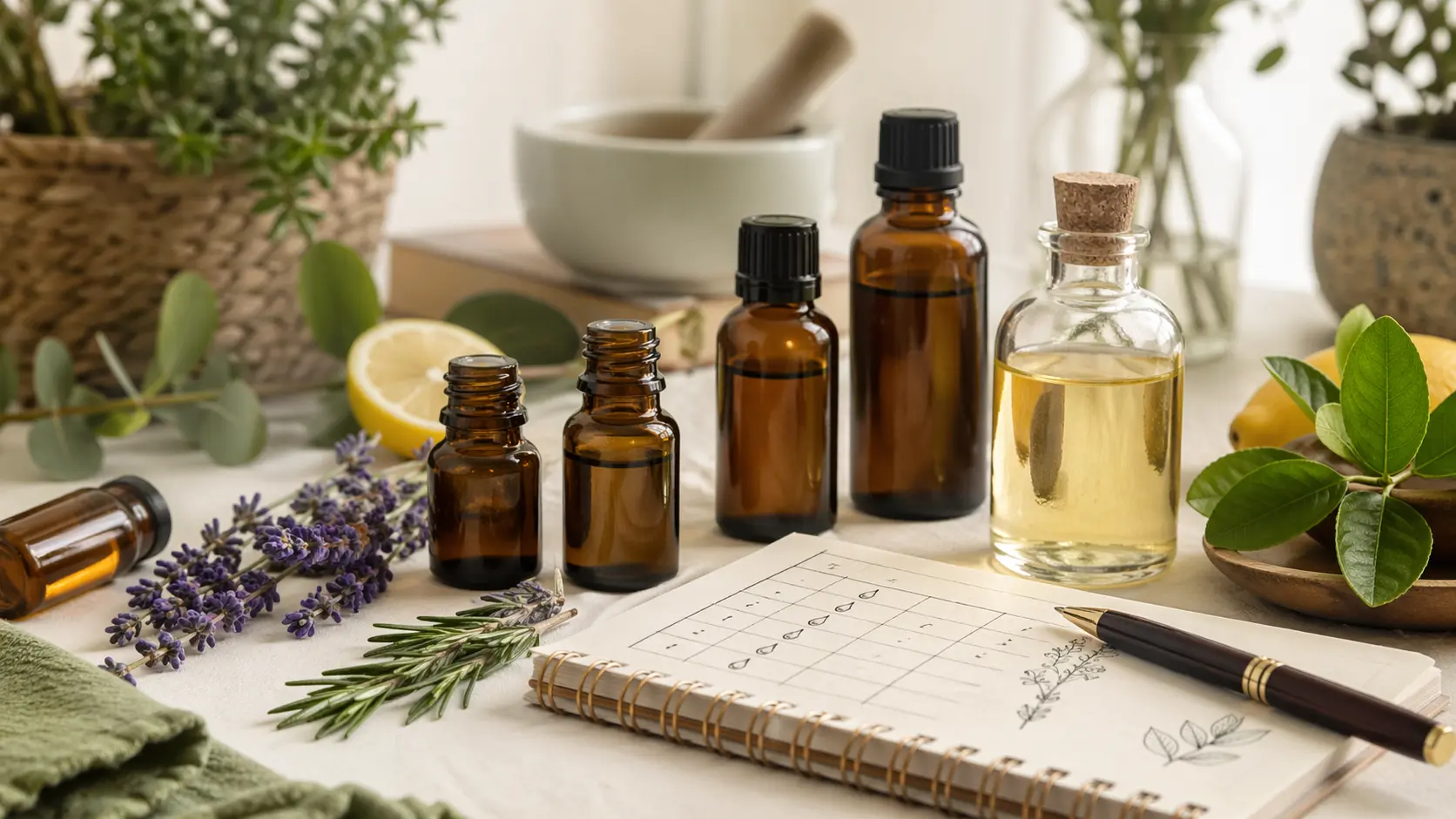 Essential oil safety guide workspace with botanical tools