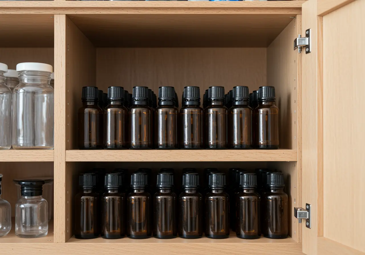 Essential oils stored upright in a cool home cabinet