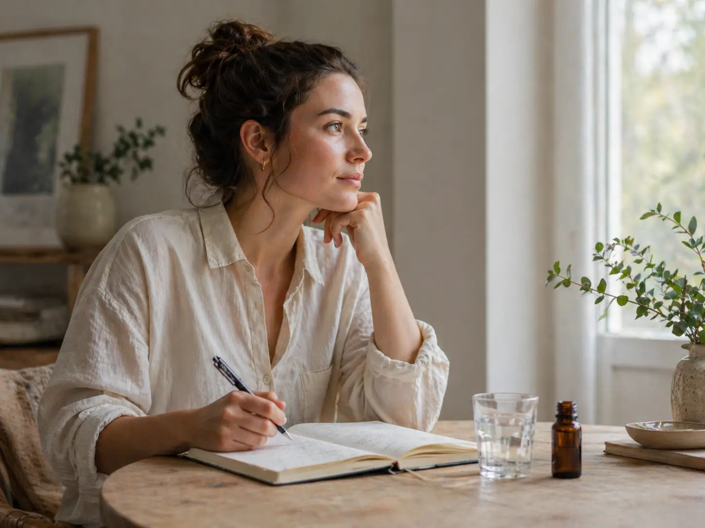 Person seated with notebook, water, and an essential oil bottle during a calm reflective moment