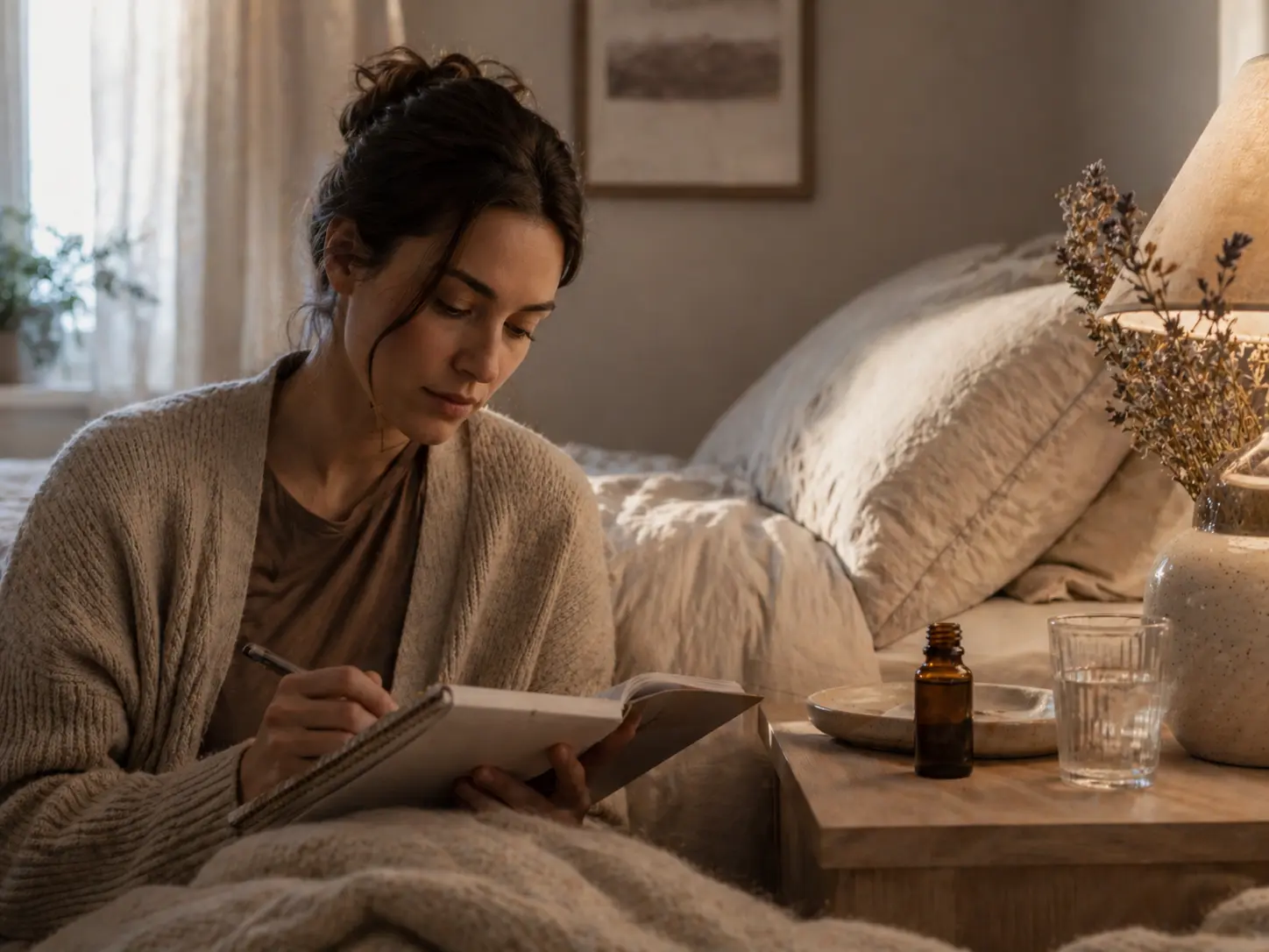 Person reviewing bedtime notes beside an essential oil bottle and glass of water in a calm bedroom setting