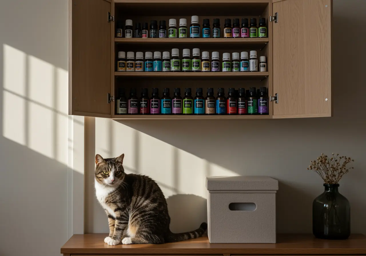 Essential oils stored on a high shelf in a cat-friendly home