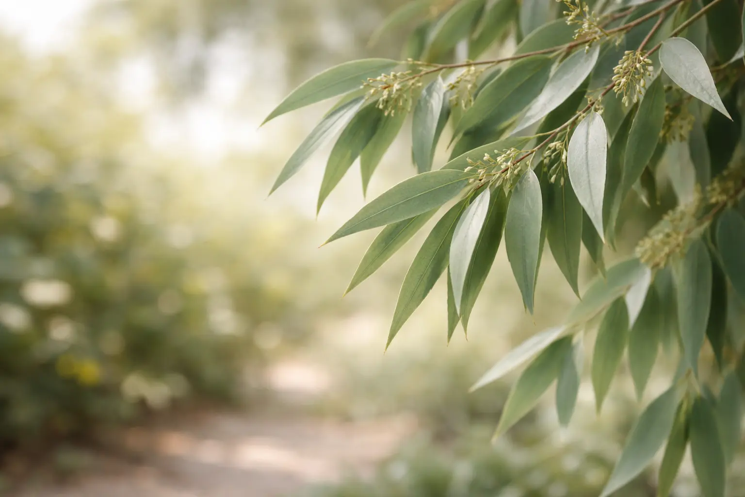 Eucalyptus radiata leaves in clean natural light representing airy and breathable room freshness