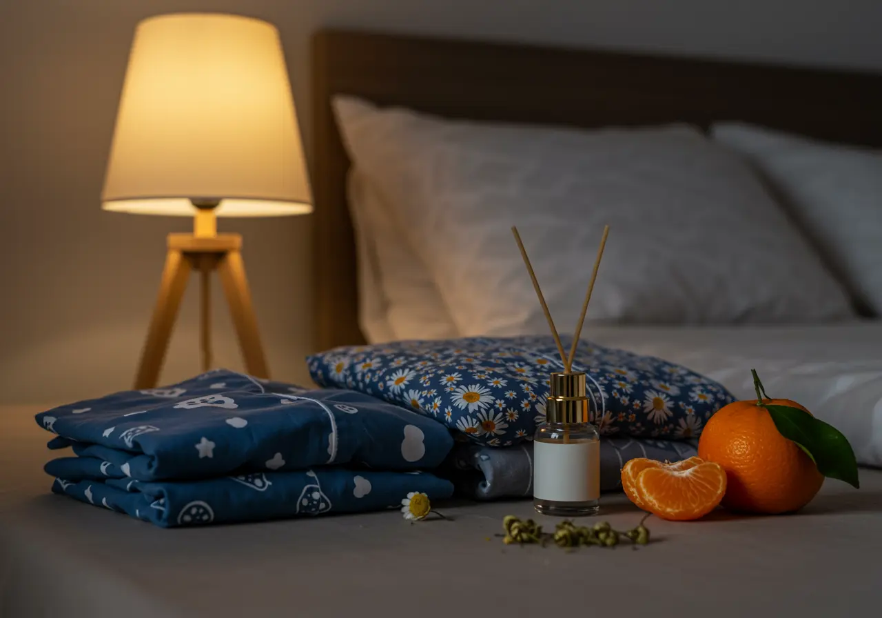 Soft evening family routine with warm lamp light and a gentle aromatic atmosphere