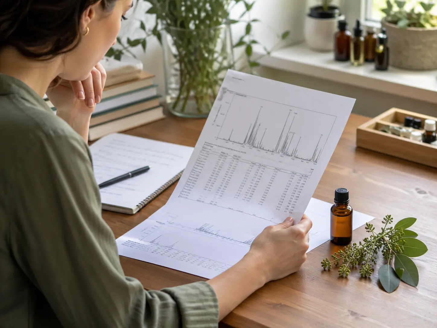 Person reviewing a printed lab-style report beside an essential oil bottle and botanical sample
