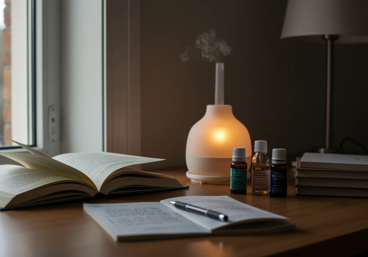 Gentle focus desk routine with books, notes, diffuser, and soft daylight