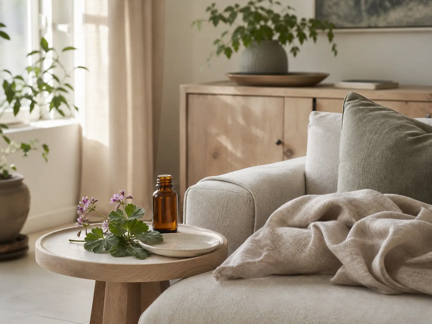 Soft editorial home scene for geranium essential oil with muted botanical accents and gentle room atmosphere