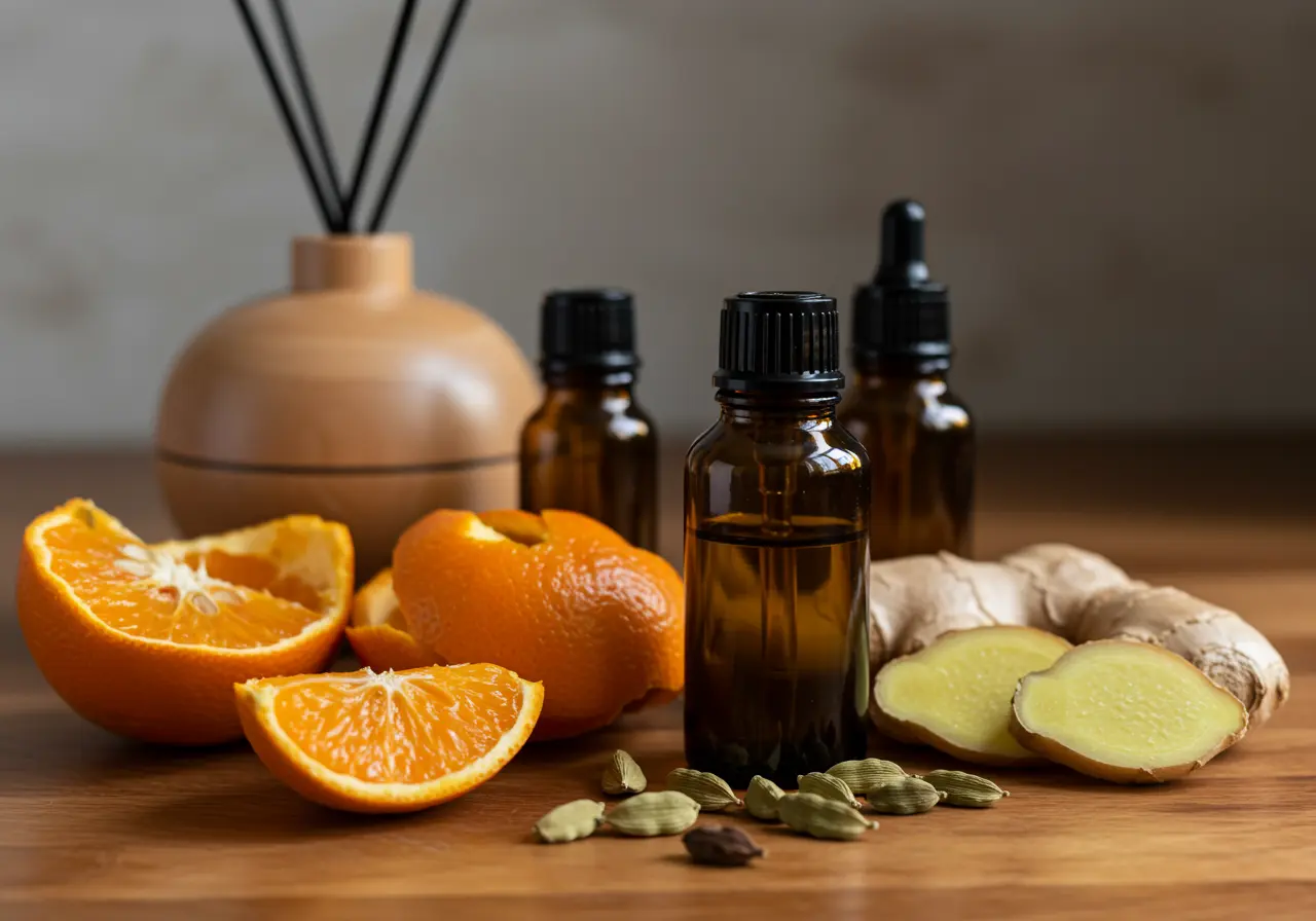 Fresh ginger with orange peel, cardamom pods, cedarwood pieces, and a white ceramic diffuser