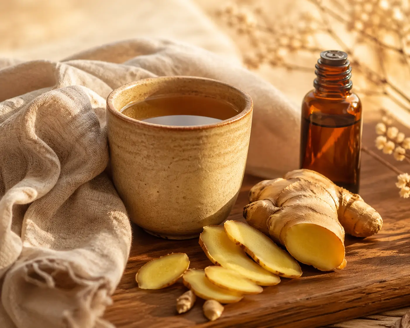 Fresh ginger rhizomes in warm golden light with a calm natural background