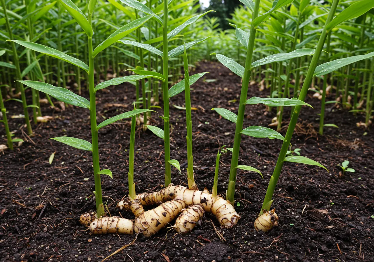 Fresh ginger rhizomes with green ginger leaves in a tropical botanical setting