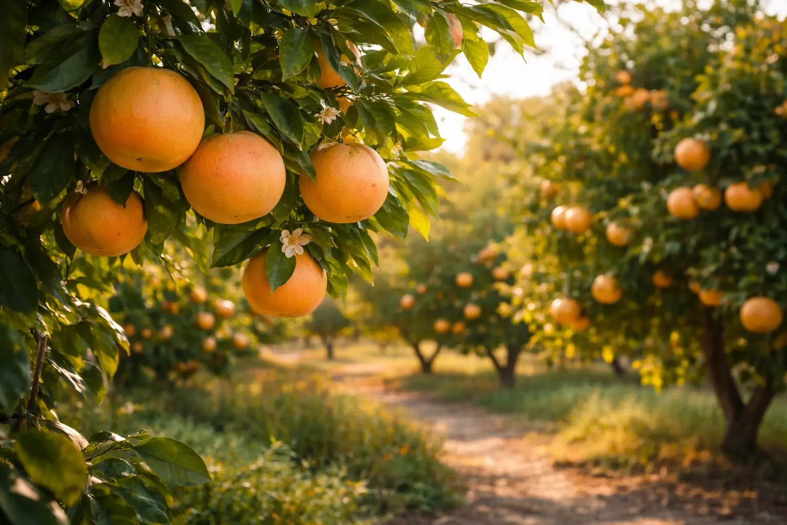 Citrus paradisi pink grapefruit trees growing in a sunny citrus orchard