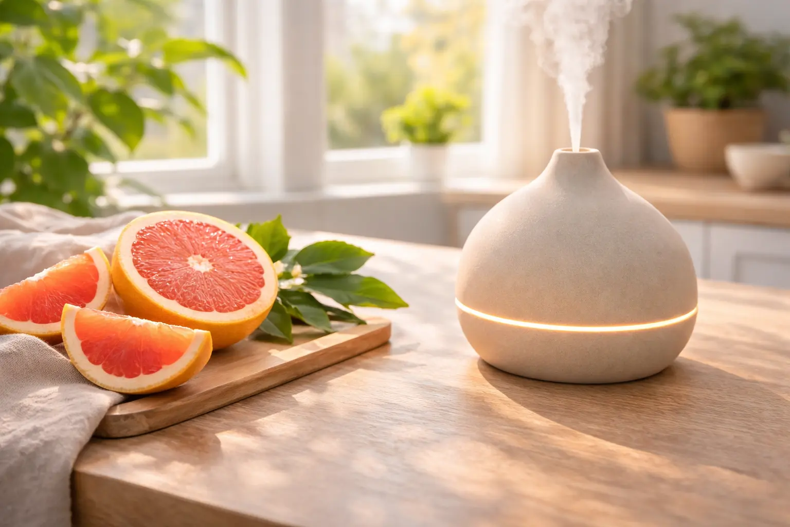 Pink grapefruit inspired diffuser setup with fresh Citrus paradisi fruit in bright home light