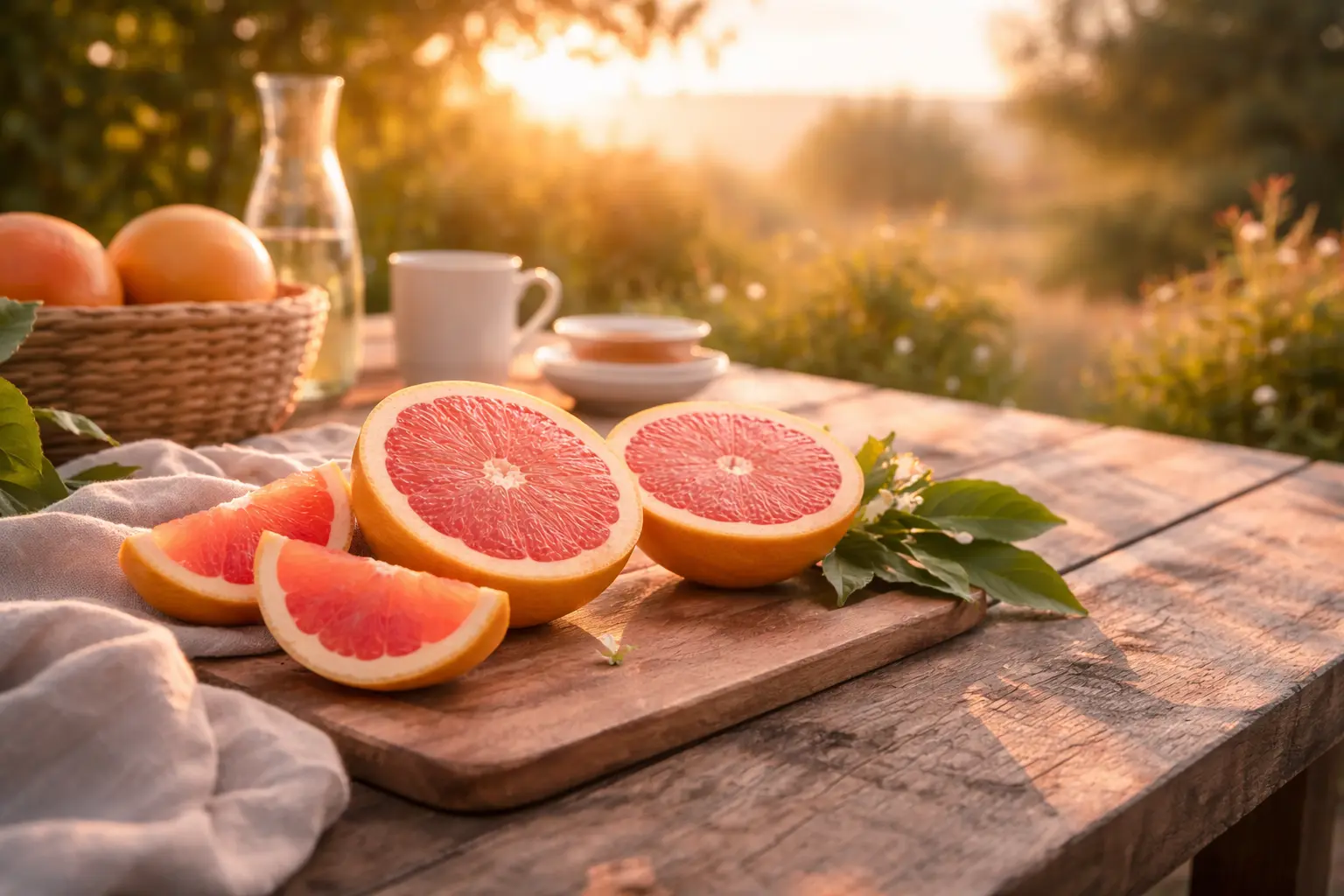 Pink grapefruit halves on a sunrise table symbolizing optimism and renewal