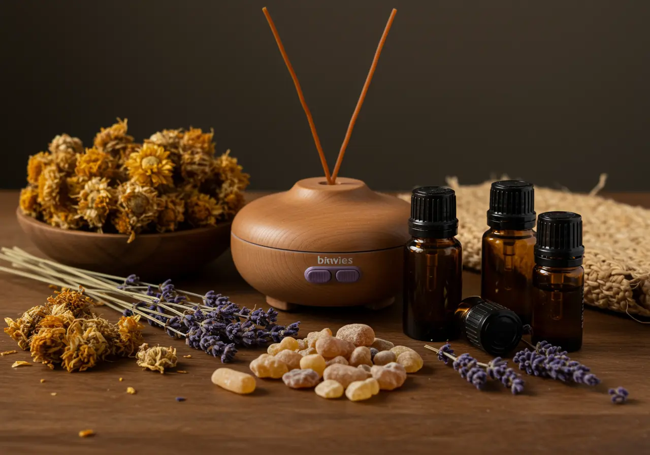 Helichrysum flowers with bergamot peel, frankincense resin, and a white ceramic diffuser