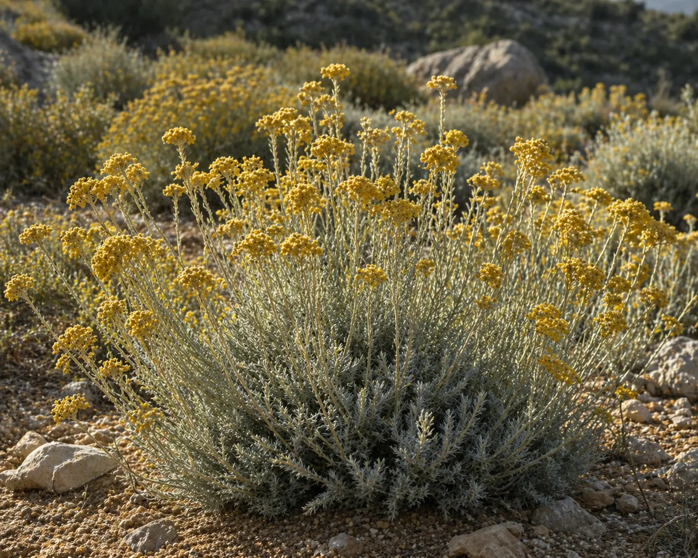 Golden Helichrysum italicum flowers growing with silvery leaves in a sunny Mediterranean landscape