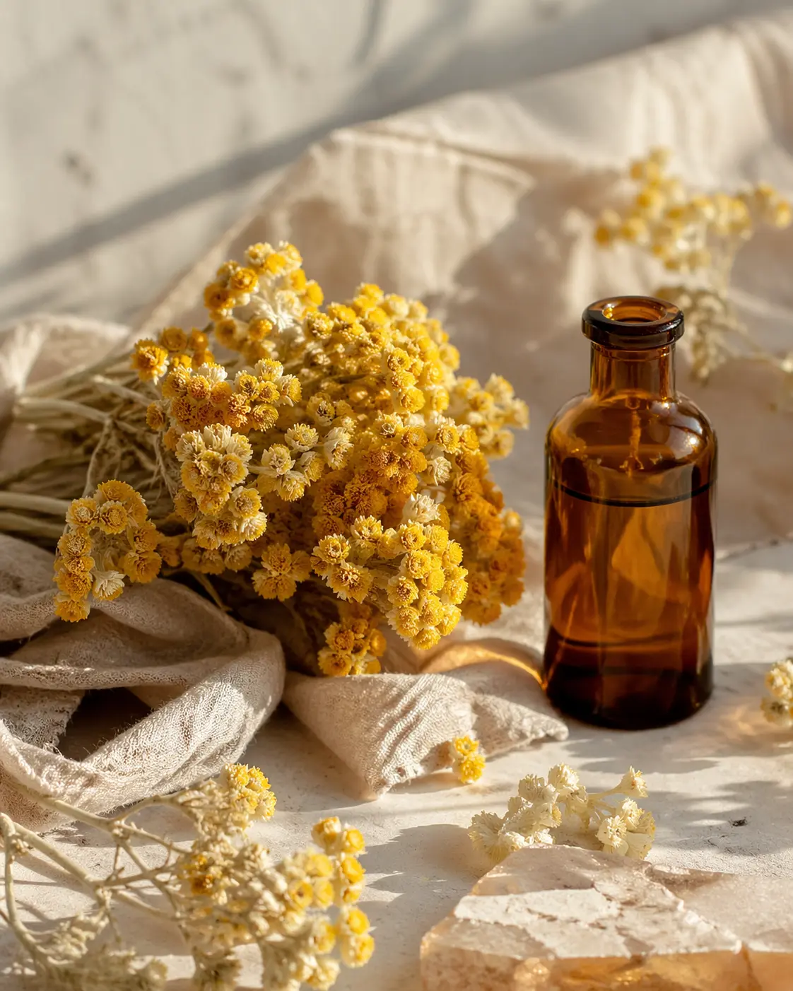 Golden helichrysum flowers in soft sunset light with a calm Mediterranean background