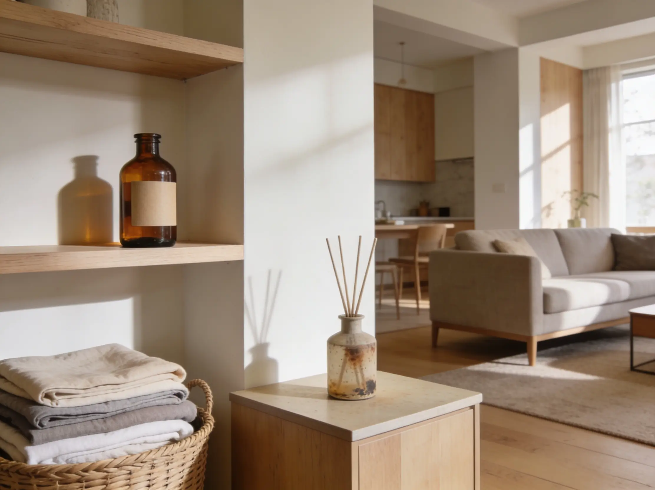 Editorial home scene showing a layered scent atmosphere that feels busy rather than fresh