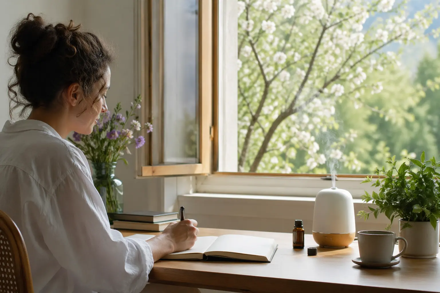 Person seated at a tidy home desk by an open window with a diffuser, notebook, and essential oil bottle nearby