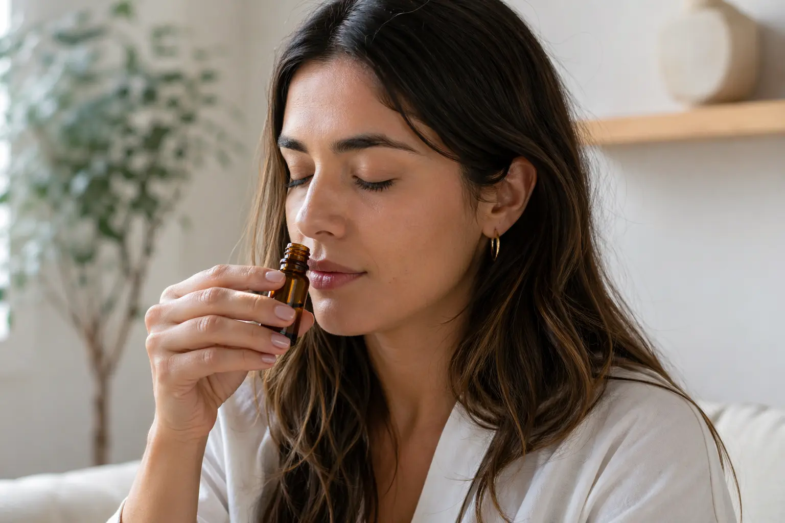 Person gently smelling an amber essential oil bottle in soft natural indoor light