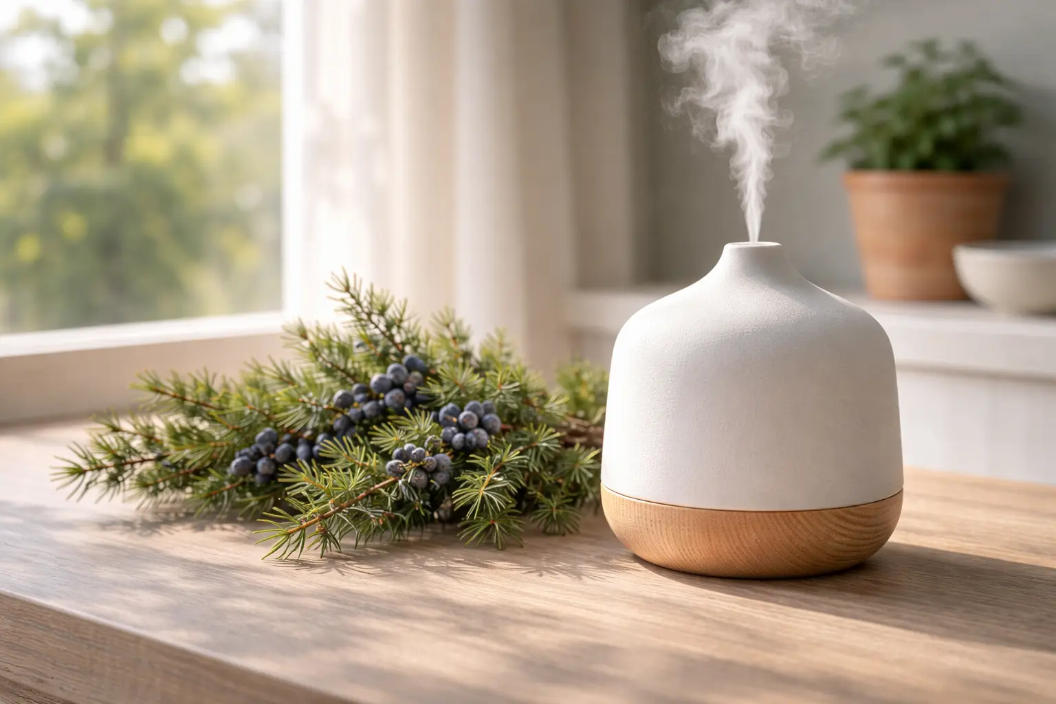 Juniper berries with cedarwood pieces and citrus peel beside a ceramic diffuser